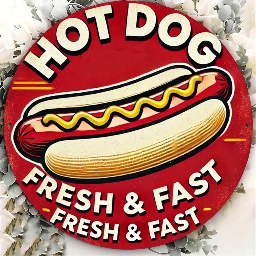Vintage Hot Dog Round Metal Sign 8x8in Retro Bar Cafe Wall Decor