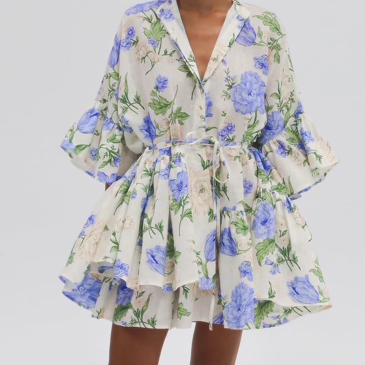 Watercolor Blue Floral Stand Collar Tie-Waist Ruffle Mini Shirt Dress