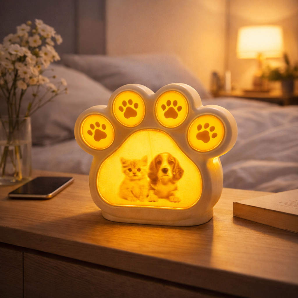 Pet Paw Night Light, 3D Printed Lamp, Add Photo Or Text, Cat Dog Memorial Gift, Cozy Home Decor