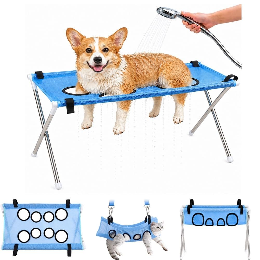 Dog Grooming Hammock Stand, Foldable Dog Bath Holder Sling Shower Chair  Heavy-Duty Pet Bath Stool For Small & Medium Dogs, Home Salon Grooming, Washable Mesh, Joint Support & Restraint