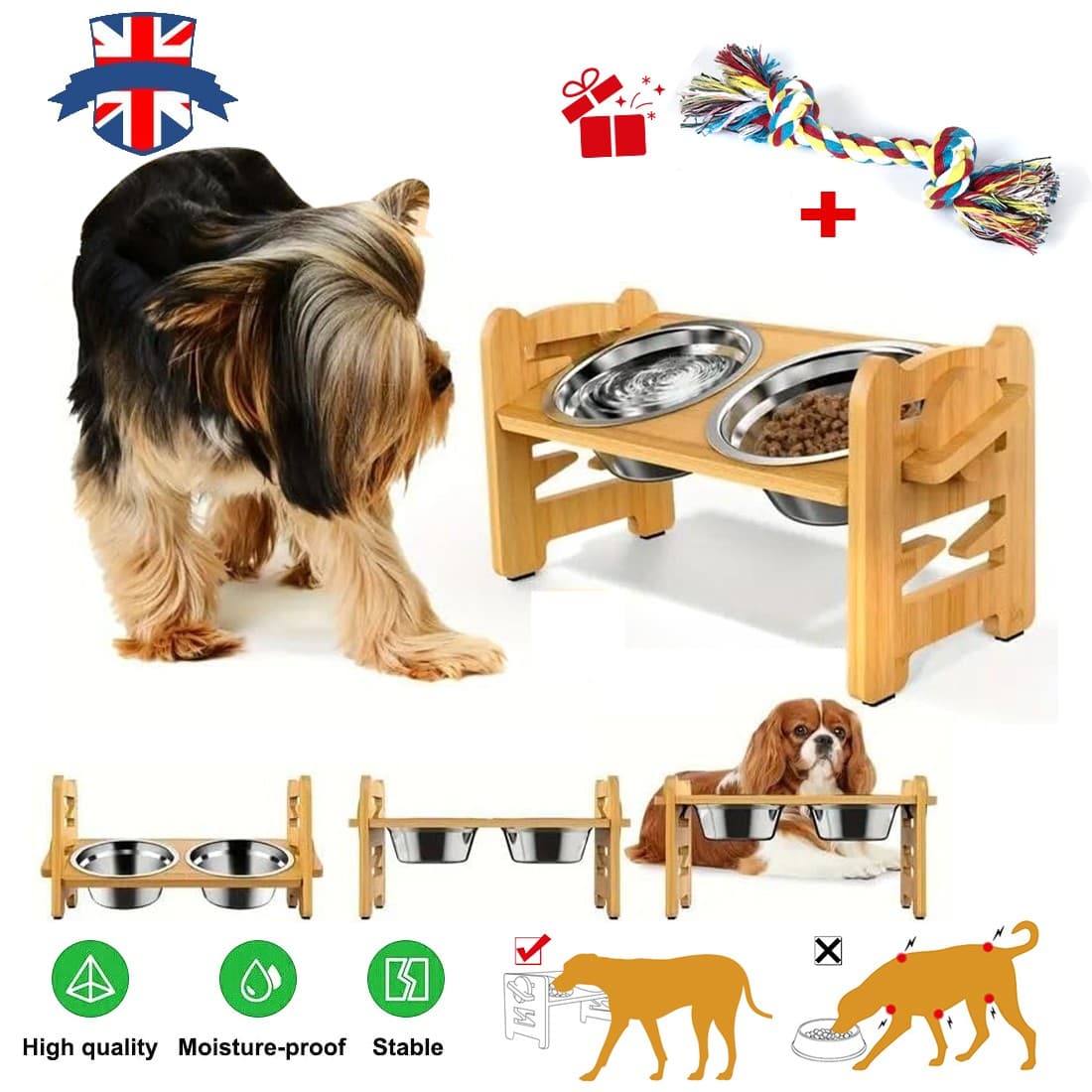 NEW Dog Food Feeding Stand Station Stainless Double Raised Bowls Wooden-Holder UK