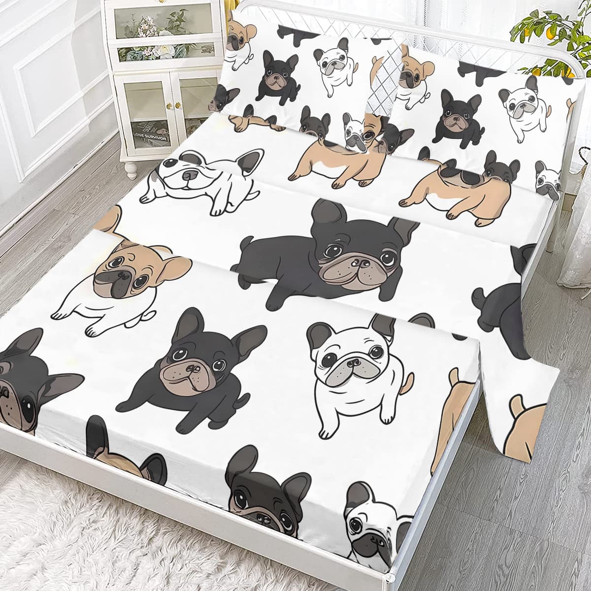 4PCS French Bull Dog Bed Sheet Set, White Black Bedding Set, Puppy Flat Sheet Set, 1 Flat Sheet,1 Fitted Sheet, 2 Pillow Cases