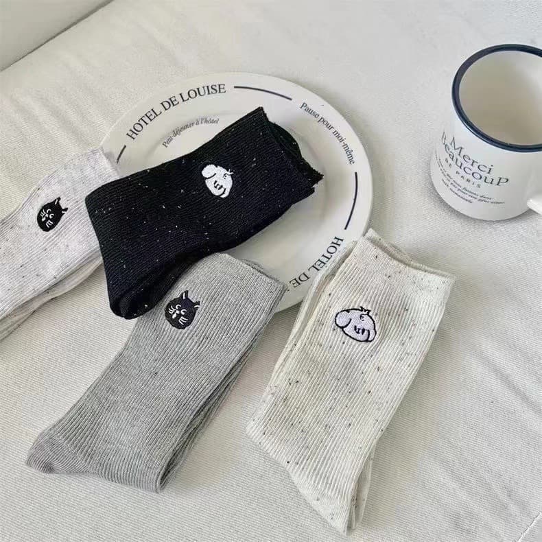 Women's Cute Cat & Dog Embroidered Crew Socks, Speckled Ribbed Knit Casual Socks, Animal Face Print Mid-Calf Socks For Daily Wear