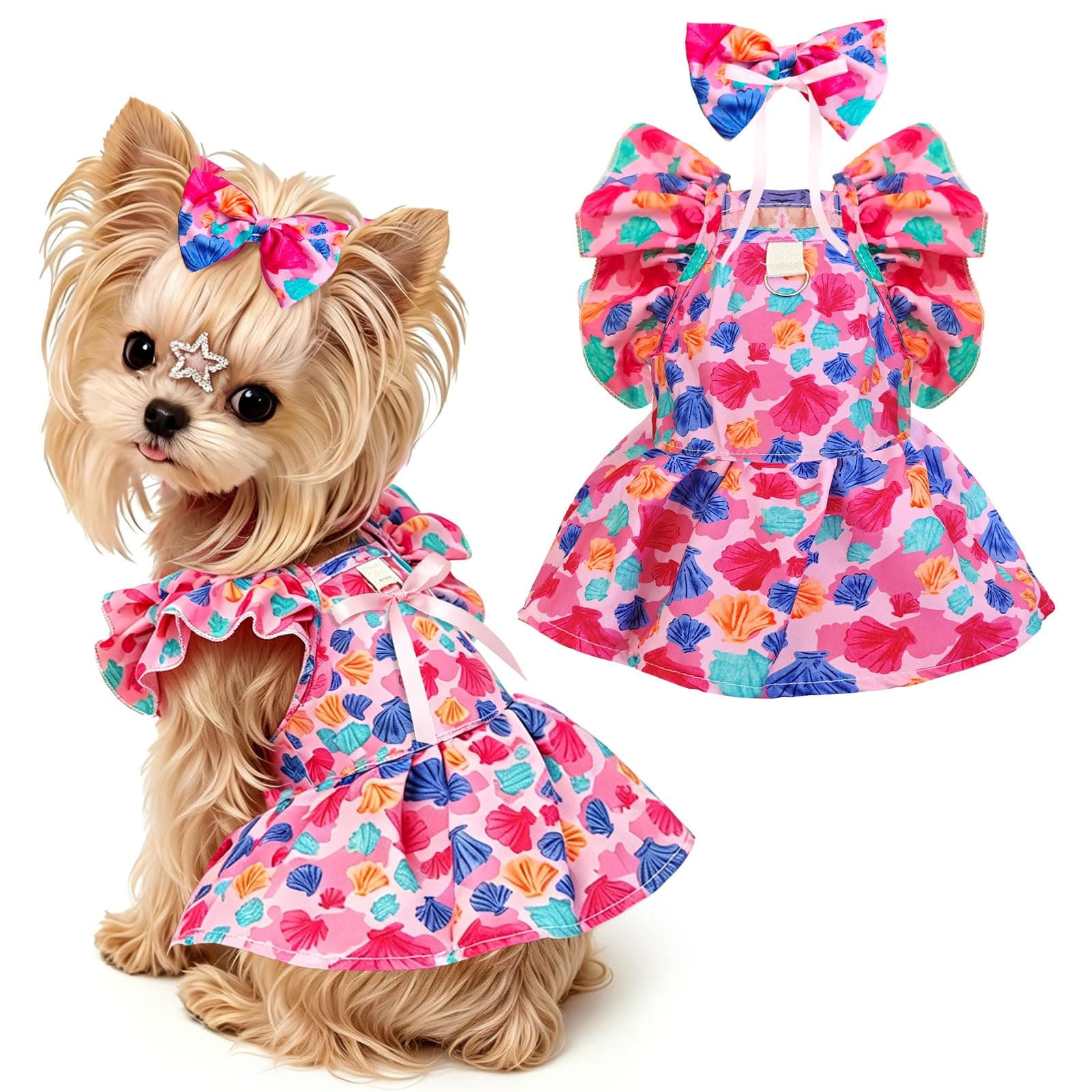 Cute Floral Small Dog Cat Harness Dress Outfits With Bow & Leash D-Ring,Soft Breathable Summer Ruffle Puppy Clothes Girl,3-Way Styling Female Dog Clothes For Chihuahua Yorkie Maltese