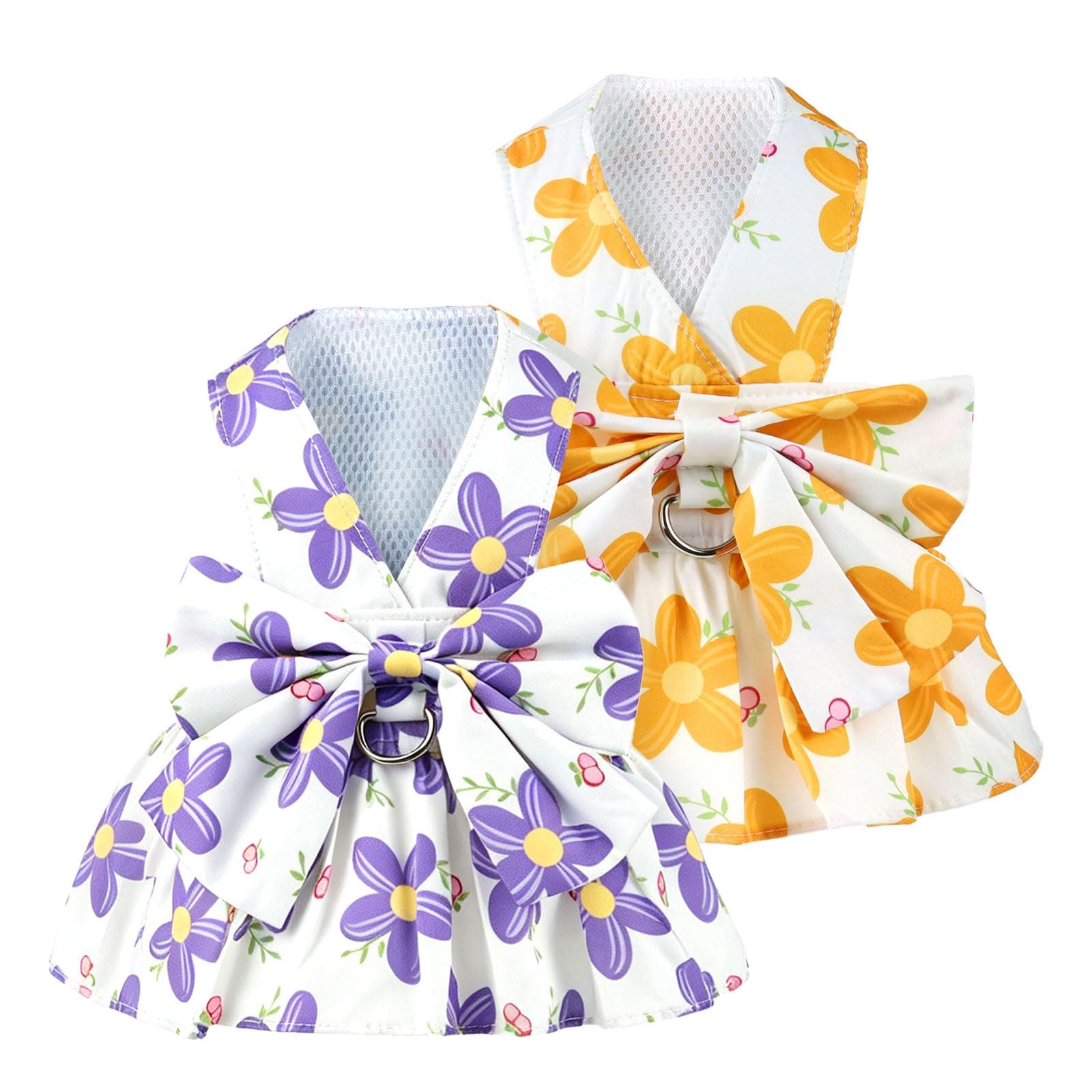 2Pack Small Dog Harness Dress For Girl Puppy Cat Dress With Flower Pattern Bow Adjustable Breathable Lining Back D-Ring Cute Outfits For Small Puppy, Cat Dresses For Cats Only Or Dog Girl Clothes