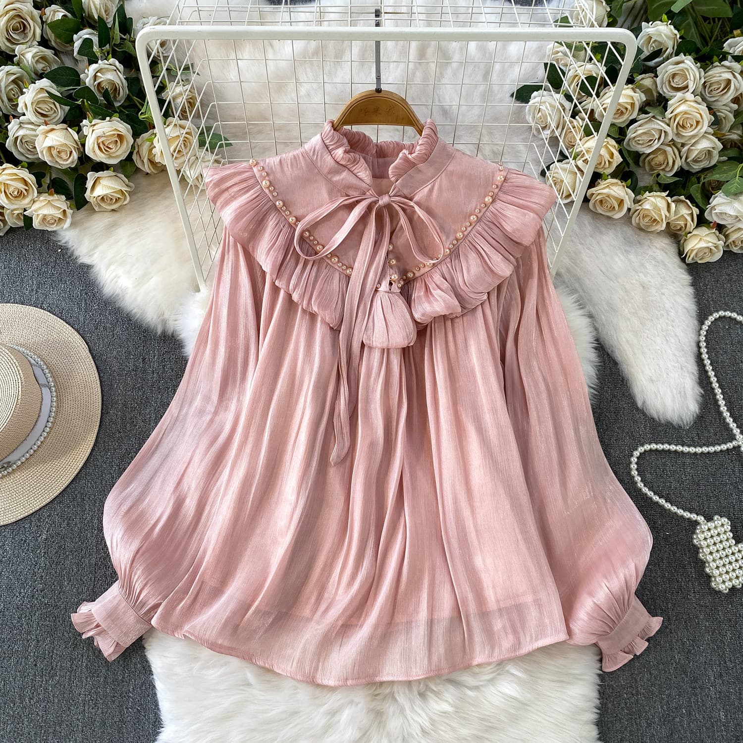 Fairy-style Sweet Ruffled Frill Lace-up Stand-collar Long-sleeve Blouse