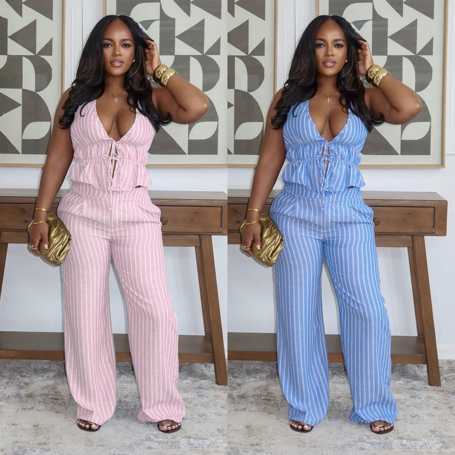 Elegant Business Collar-neck Strap Off-the-shoulder Two-piece Set