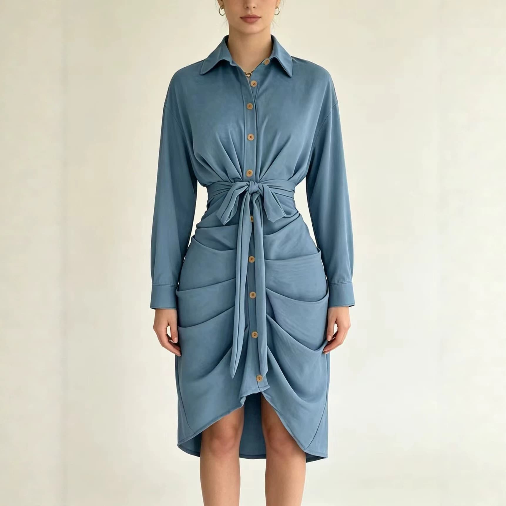 Women's Mid-length Lapel-collar Shirt Dress