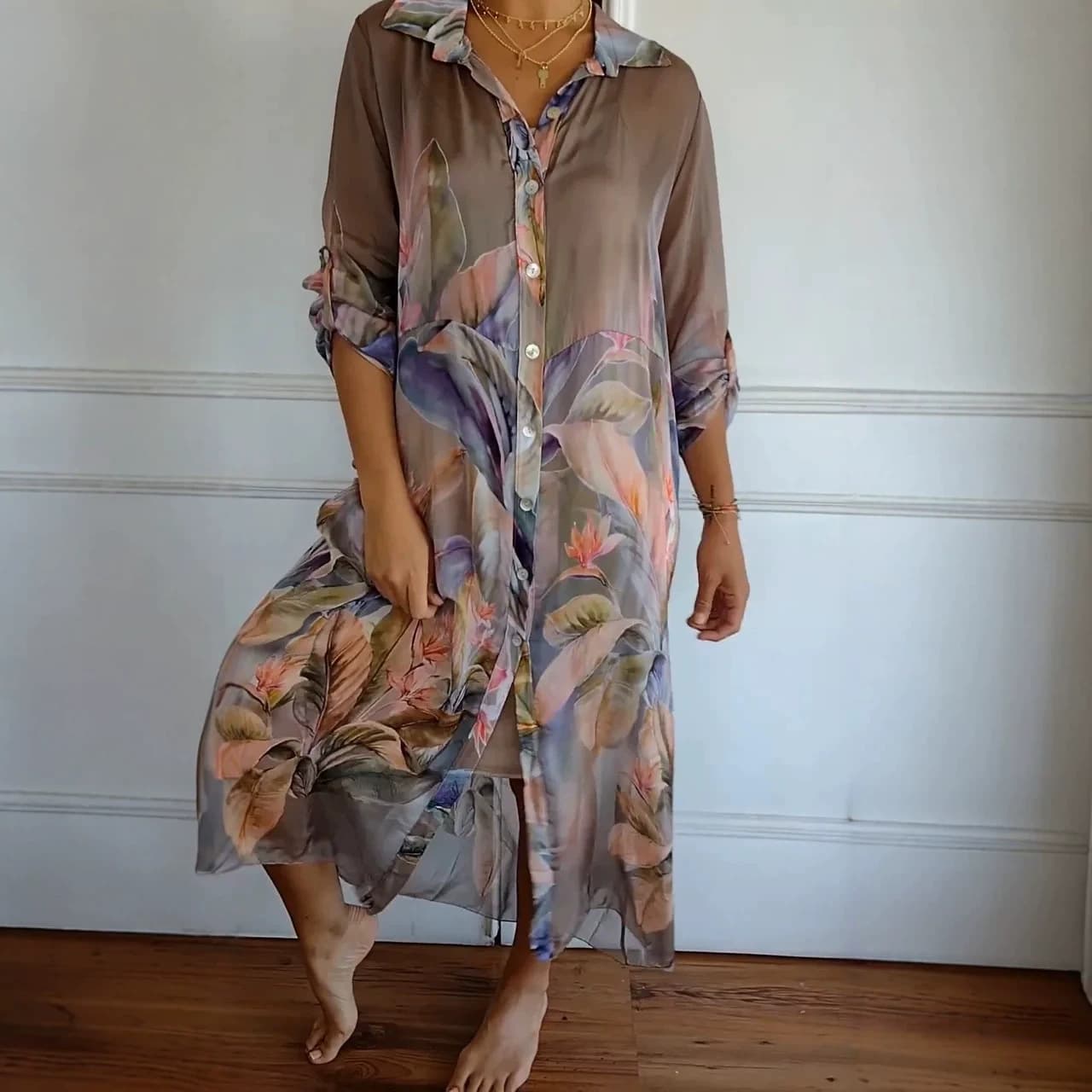 Printed-collar Long-sleeve Loose-fitting Dress