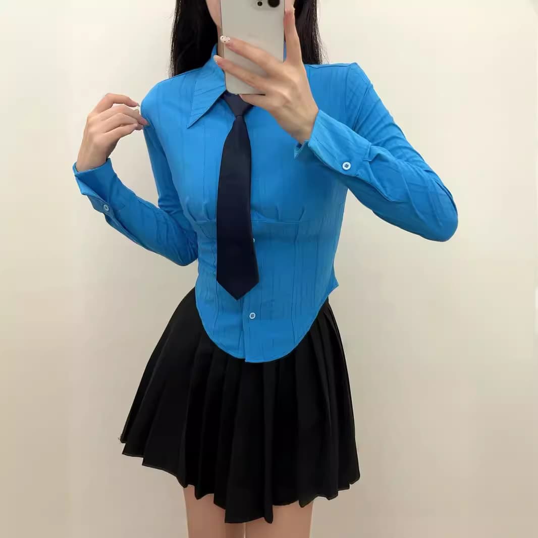 Turn-down Collar Long Sleeves Solid Color Slim-fit Short Blouse
