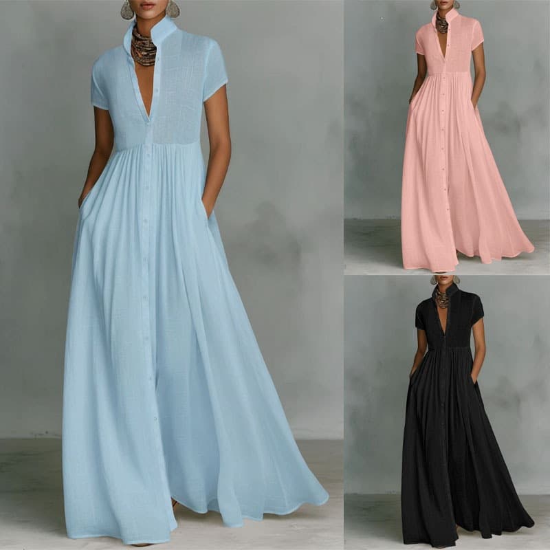 Elegant Stand Collar Maxi Dress - High Waist Pleated Flowy A-Line Long Dress Summer Dresses For Women